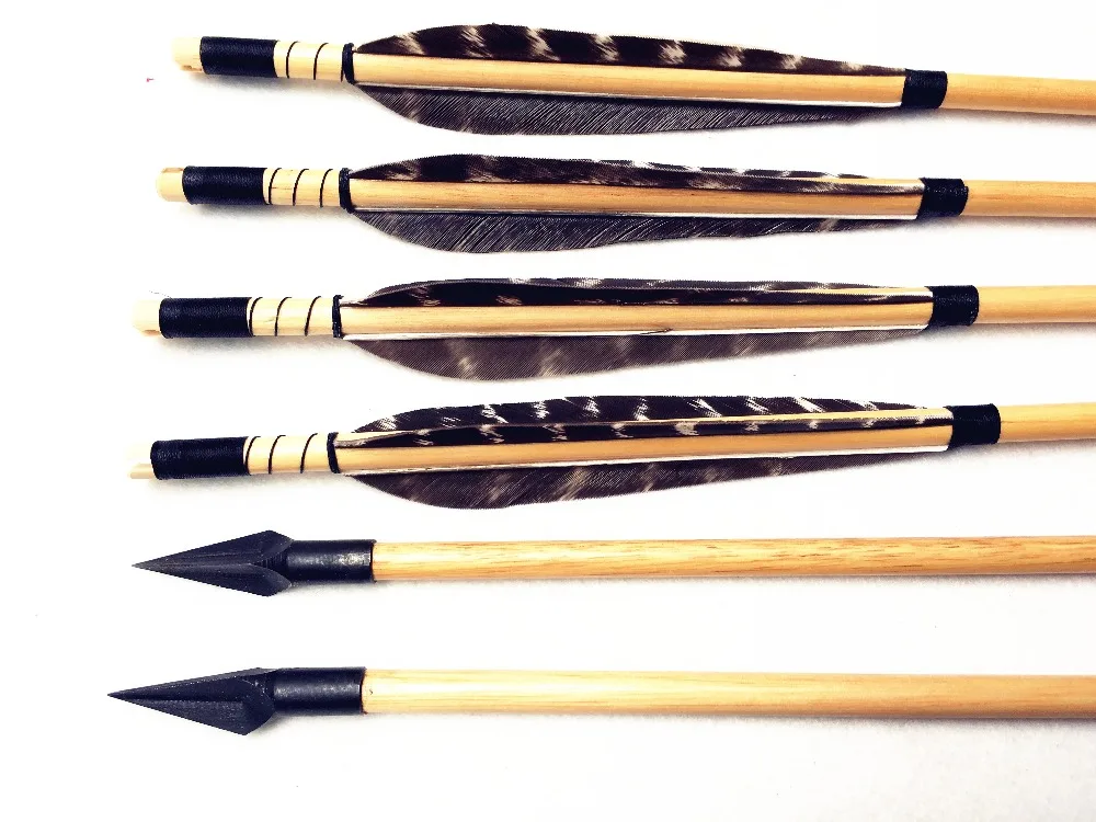 6pcs Archery Wood Grained Carbon Arrows Removable Broadheads Spine 32 Inch Feather For Hunting