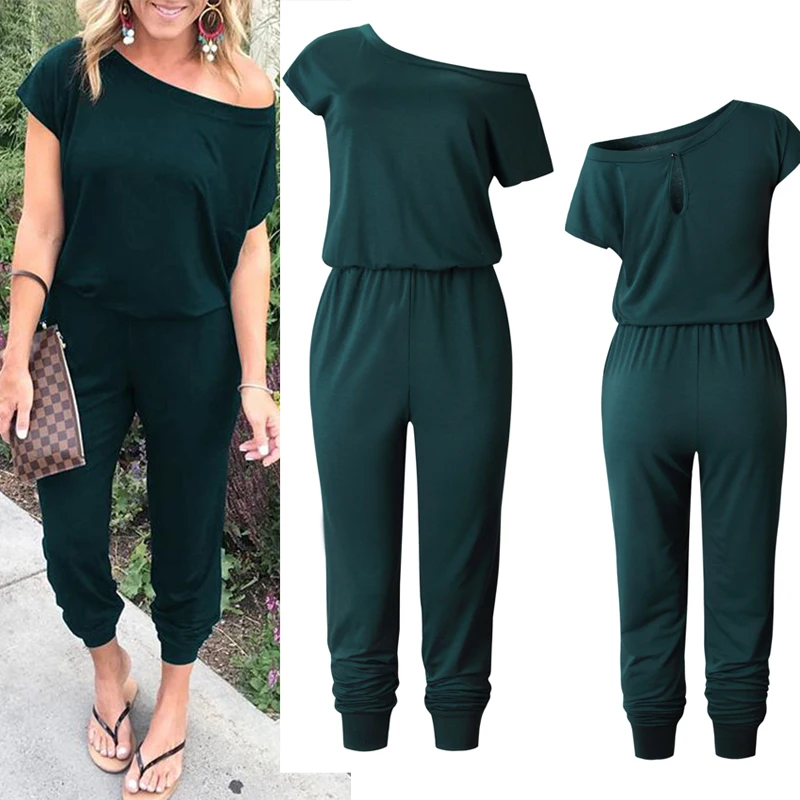 

Sexy One Shoulder Off Jumpsuits Overalls Fashion Women Short Sleeve High Waist Playsuit Female Solid Long Pant Romper Bodysuit