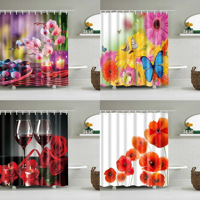 

Butterfly Printed Waterproof Polyester Shower Curtain Mildewproof Flowers Curtain Bathroom Curtain with Hooks Home Decoration