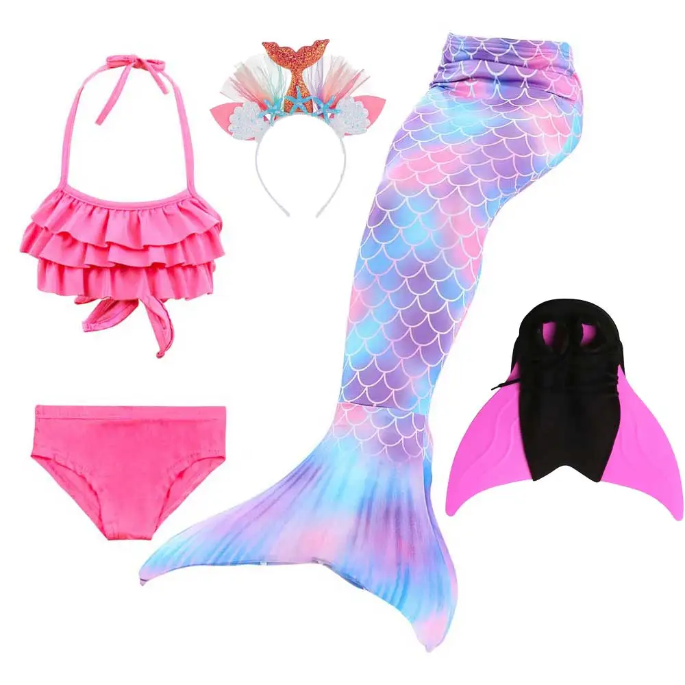 Бикини для девочек и блестящий хвост, купальник, хвост русалки для купания с монофином, повязка на голову, костюм для косплея, детский купальник русалки - Цвет: 5pcs Mermaid Tail 2