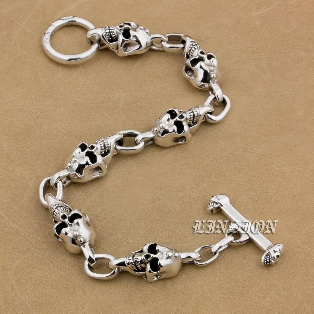 Handmade Skull Chain 925 Sterling Silver Mens Biker Rock Punk Bracelet 9N022C