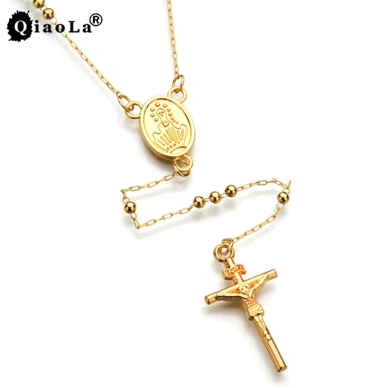

Qiao La 4mm Gold Bead Chain Jesus Christ Cross Pendant Necklace Virgin Mary Rosary Crucifix Cross Men Women Prayer JewelryDB2015