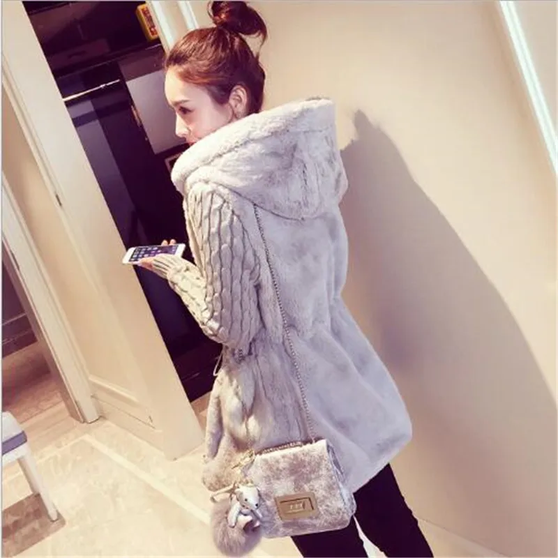 

Autumn Stitching fashion women s hooded Long knitted hoodies Cardigan coat imitation rabbit fur thick sweater jacket Outwear