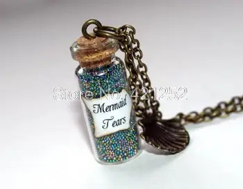 

12pcs Mermaid Tears glass Bottle Necklace with a Sea Shell Charm Pirates of the Caribbean Stranger Tides necklace bronze tone
