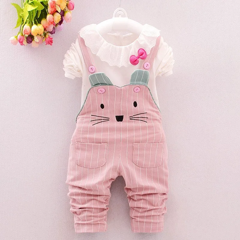 

Autumn Spring Baby Girls Kids Clothing Sets Cotton T-Shirt Tops + Cartoon Striped Overalls Pants 2pcs Suits roupas de bebe