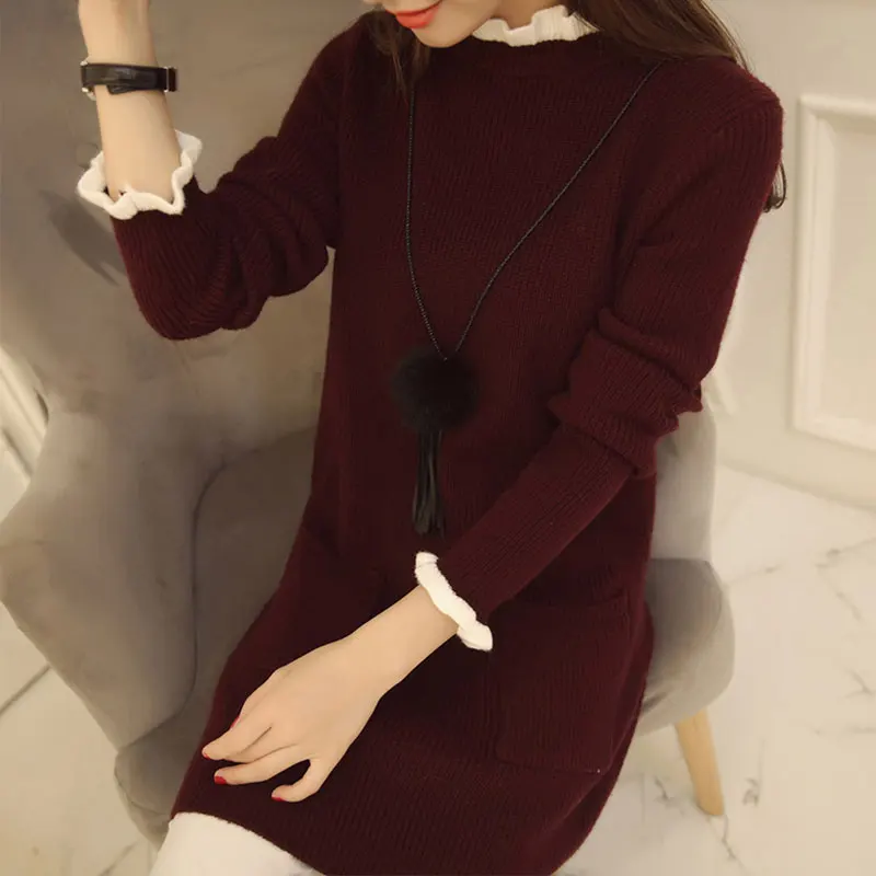 New Women's Sweater Autumn 2016 Winter Fashion Half turtleneck Wave-selvedge Solid Loose Pullover Knitted Sweater Dress Female