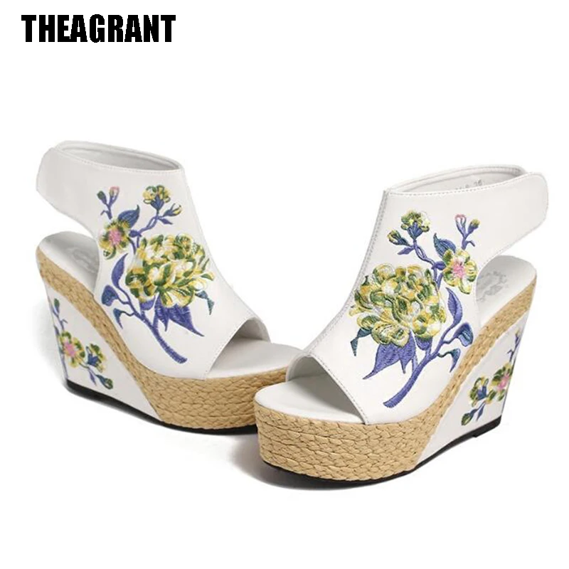 

THEAGRANT 2019 Embroidered Wedge Women Sandals Platform Summer Shoes Peep Toe Vintage High Heels Hemp Sole Lady Pumps WSS3051