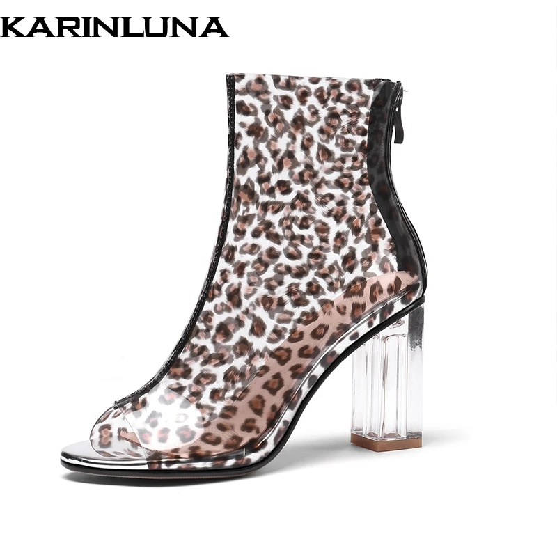 

KarinLuna New large size 31-45 Sexy Leopard Summer Ankle Boots Women High heels Transparent peep toe women shoes woman