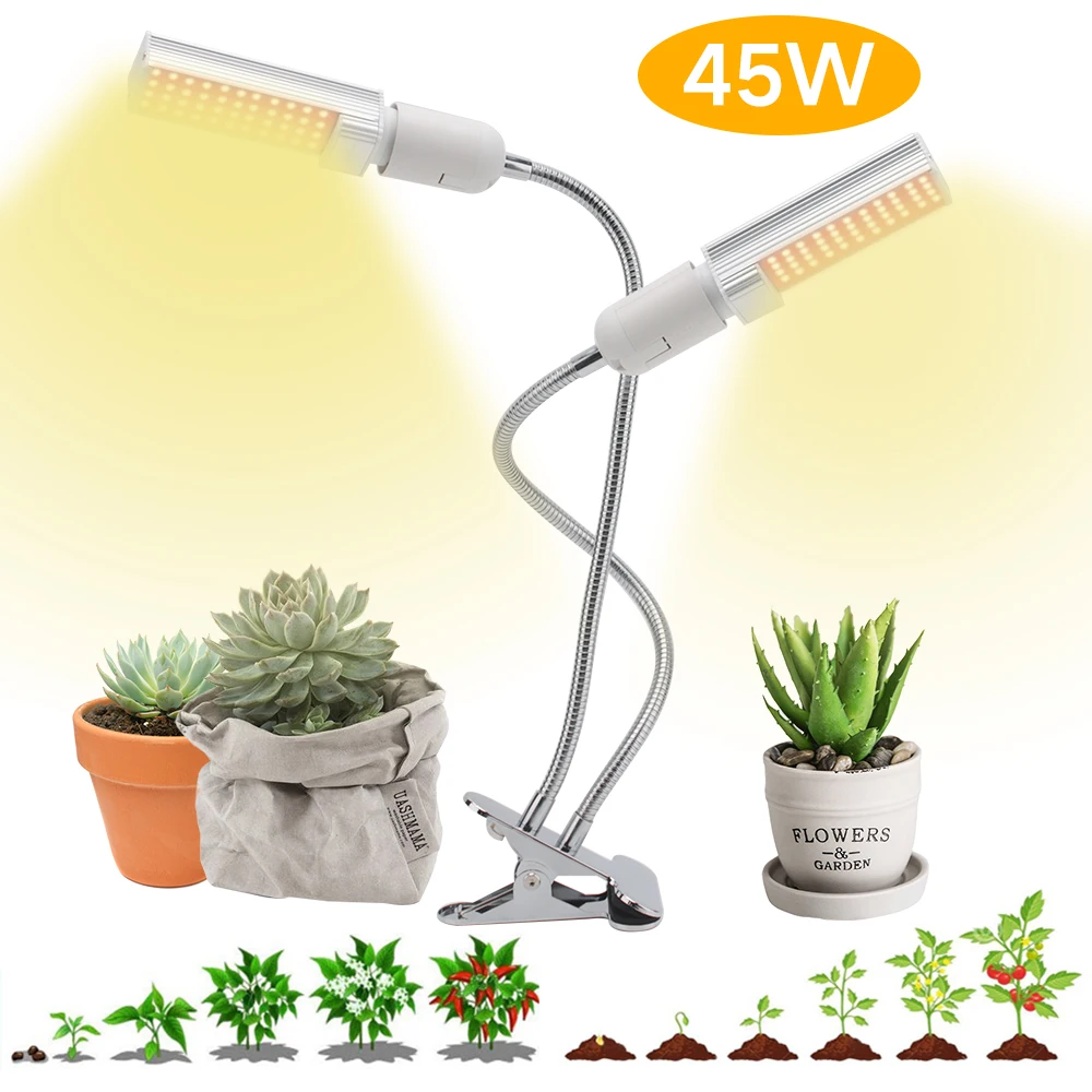 

BORUiT 45W LED Grow Light Bulb 100LEDs Sunlike Full Spectrum Phyto Lamp Dual Head Gooseneck Desk Fitolampy for Hydroponic Flower