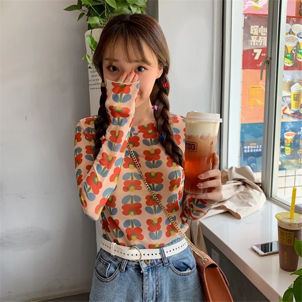 

Spring summer women's thin section tight long-sleeved t-shirt fashion wild flowers printing Harajuku girls Slim sunscreen tops
