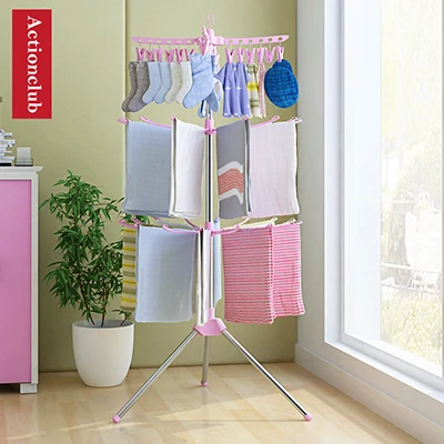 Simple Foldable Drying Rack Floor Folding Mobile Towel Rack Hanger Balcony Hanger Stand Indoor Sun Clothes Rack Furniture - Цвет: Розовый