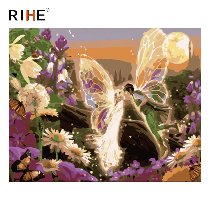 

RIHE Kissing Flower Fairy Oil Painting By Numbers Moon Cuadros Decoracion Acrylic Paint On Canvas For Artwork Modern Home Decor
