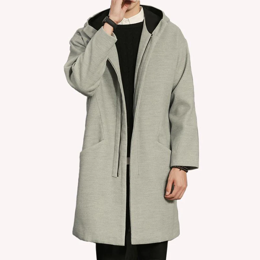 Korean Trench Coat Men Overcoat Hood Slim Fit Male Long Coat Oversize