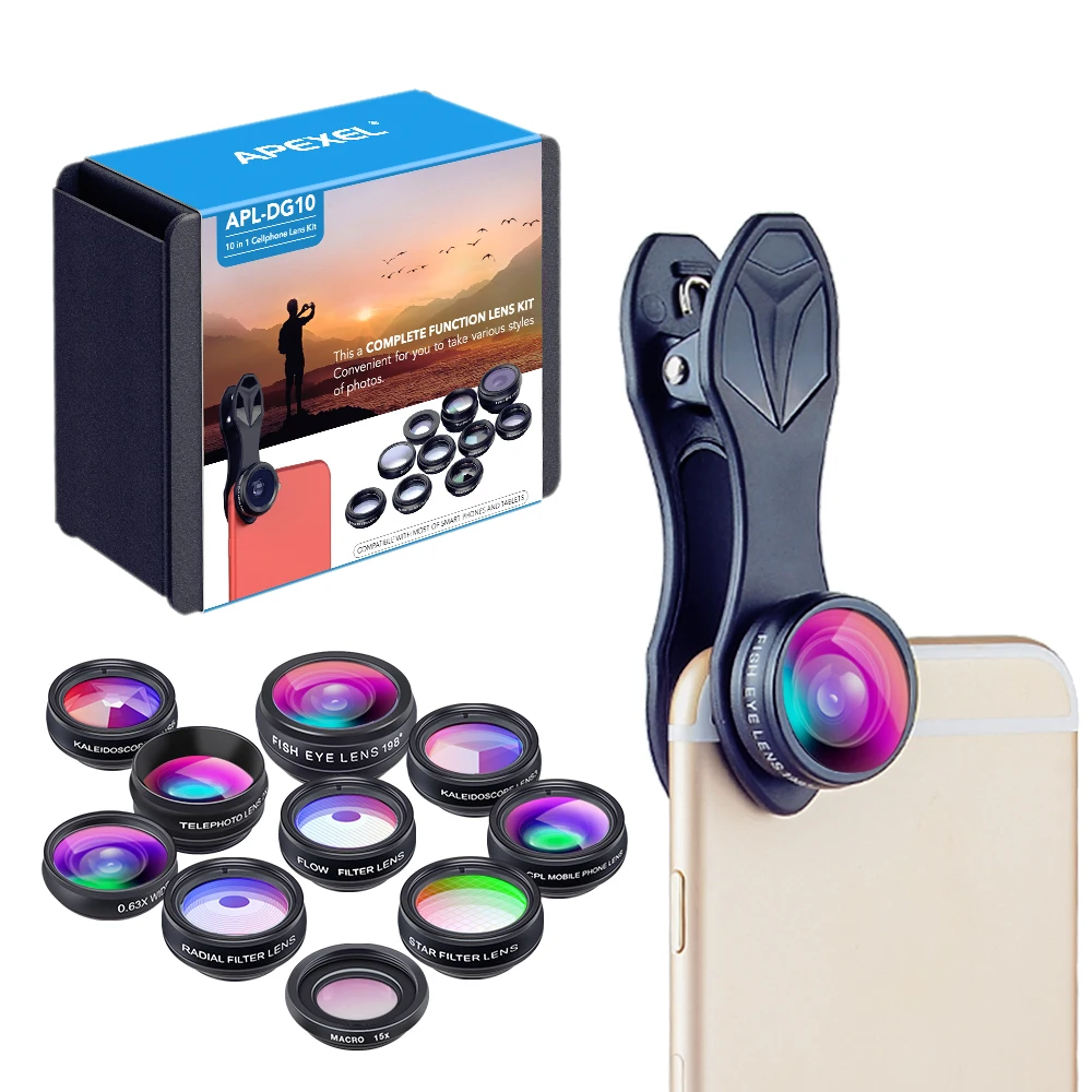 

APEXEL 1 Set CPL Filter Lens Mobile Phone Camera Lens 10in1 Fisheye Wide Angle Macro 2X Telescope Lens for Smartphones with Box