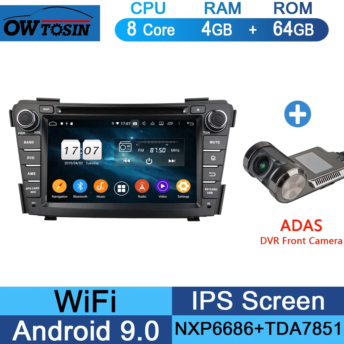 7"IPS 1024*600 Octa Core 4GB RAM+64GB ROM Android 9.0 Car DVD Player For Hyundai I40 2011 2012 2013 DSP Radio - Цвет: 64G Adas Camera