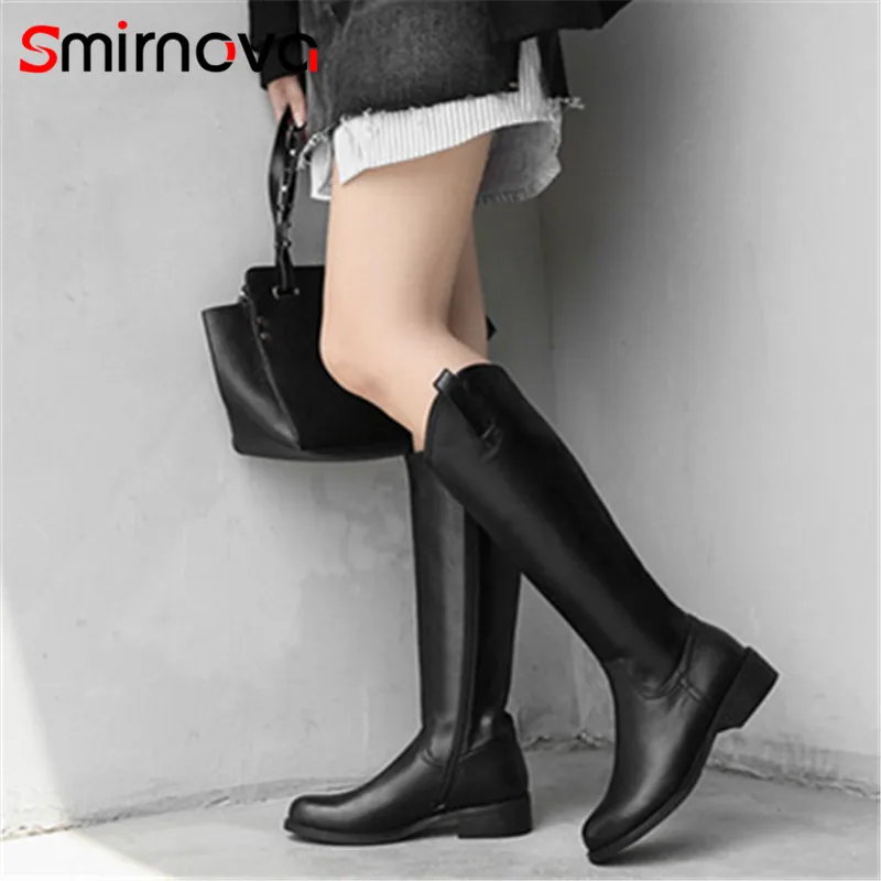 

Smirnova TOP genuine leather long boots 2018 warm short plush knee high boots ladies fashion thick heels zipper boots for woman
