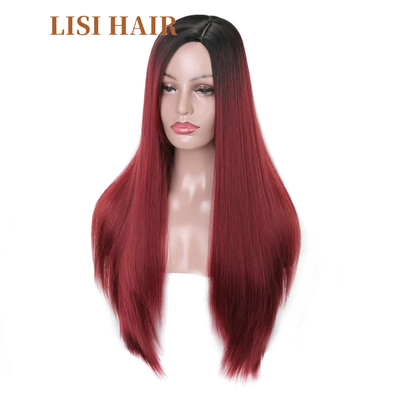 LISI HAIR 26Inches Long Straight Hair Black Omber Red Color Wigs For Women Average Size Synthetic Hair High Temperature Fiber  4 (4)
