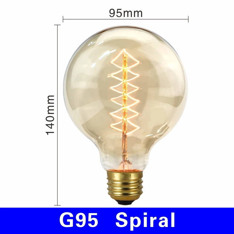 G95 spiral Электрическая лампочка эдисона светильник лампочка E27 220V 40W подвесной светильник в стиле ретро A19 A60 ST64 T10 T45 T185 G80 G95 нити Винтаж ампулы лампа накаливания со стеклянным колпаком - Цвет: G95 spiral