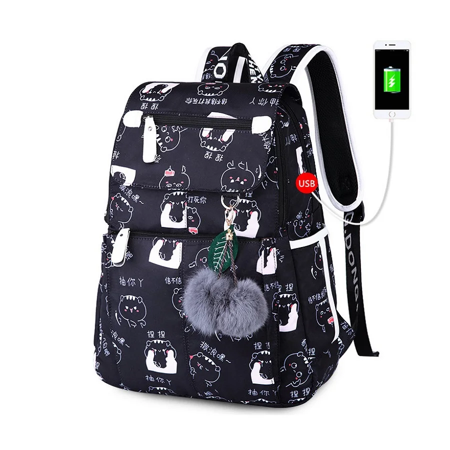 OKKID, школьные сумки для девочек, женский рюкзак для ноутбука, usb рюкзак, Детские рюкзаки, милый школьный рюкзак с котом для девочек, сумка в упаковке - Цвет: Black Cat