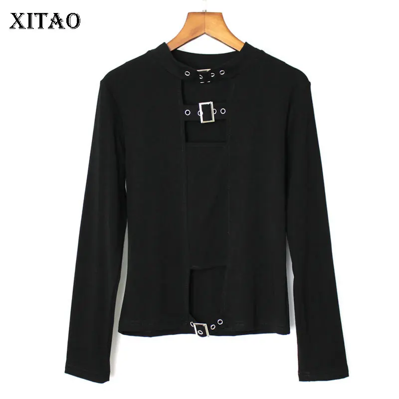 

[XITAO] Summer 2019 Europe Street Fashion Solid Color Stand Collar Full Sleeve Hollow Out Sequined Patchwork T-shirt DLL3196