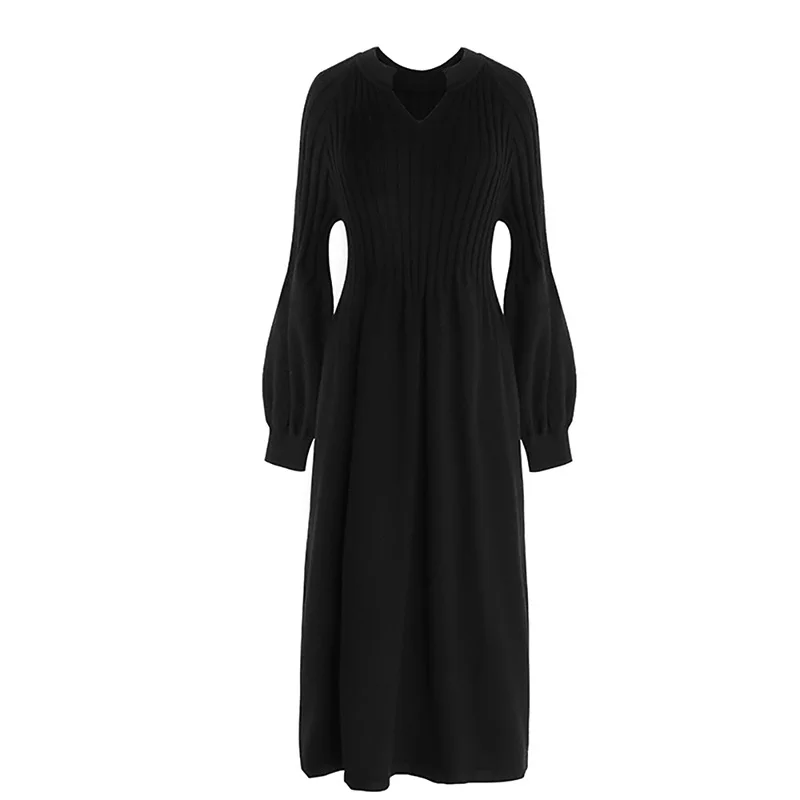 

Fashion 2019 Women V-Neck Lantern Sleeve Knitted Dress Spring New Fashion Mid Dresses Knit A-Line High Waist Dress