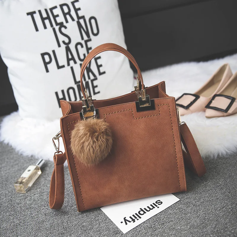 

IMIDO Hot Handbag Women Casual Tote Bag Female Large Shoulder Messenger Bags High Quality Suede Leather Handbag with Fur Ball