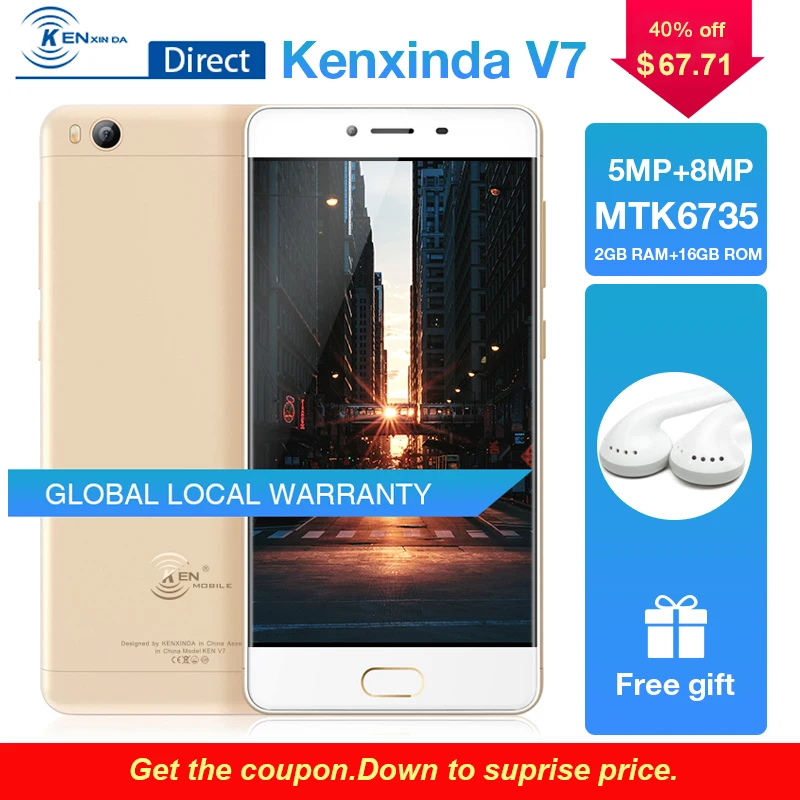 Kenxinda V7 5,0 "720*1280 пикселей 2 г + 16 г 4 ядра 5 + 8 Мп камера Dual Sim Andriod 7,0 смартфон 4G 2250 мАч мобильный телефон + наушники