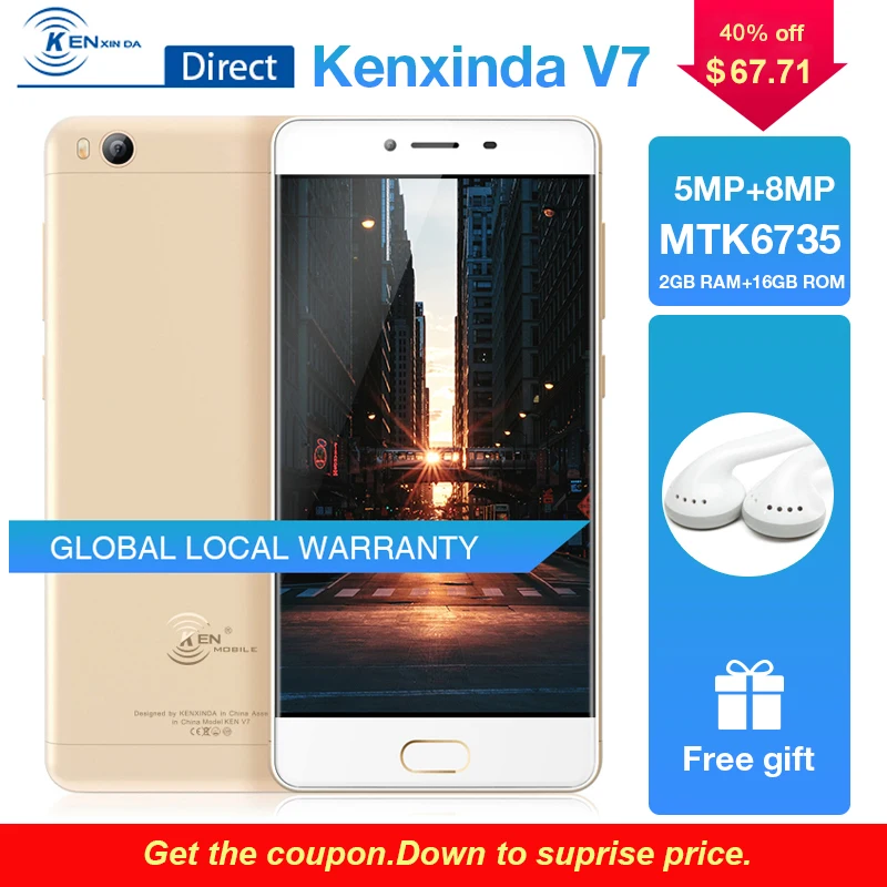 Kenxinda V7 5 0 &quot720*1280 пикселей 2G + 16G 4 ядра 8 Мп камера Dual Sim Andriod 7 смартфон 4G 2250 mAh