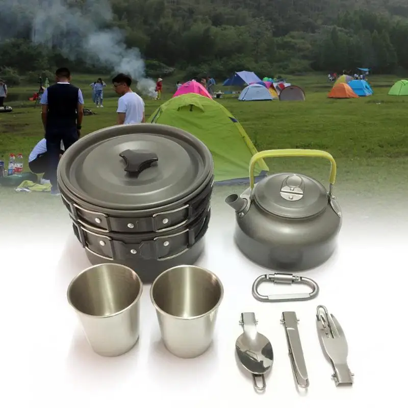 

12pcs Outdoor Tableware Camping Hiking Picnic Teapot Pot Set for Frying Pan Carabiner Travel Tableware Picnic Cookware Pot Mess