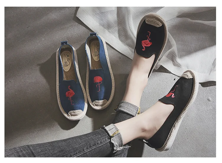 Kalupao 2018 Girls Shoe Embroidery Embroidery  Flamingo Canvas Shoes Summer Flat Asakuchi Fisherman Shoes Breathable Casual Shoe (2)