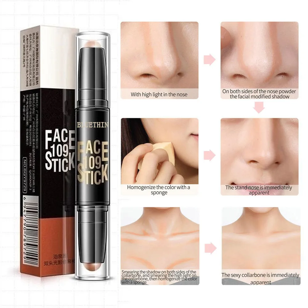 

Lasting Highlighter Stick Cream Waterproof Shimmer Contour Double-end 2 in 1 Face Corrector Contouring Bronzers 3D Cosmetic