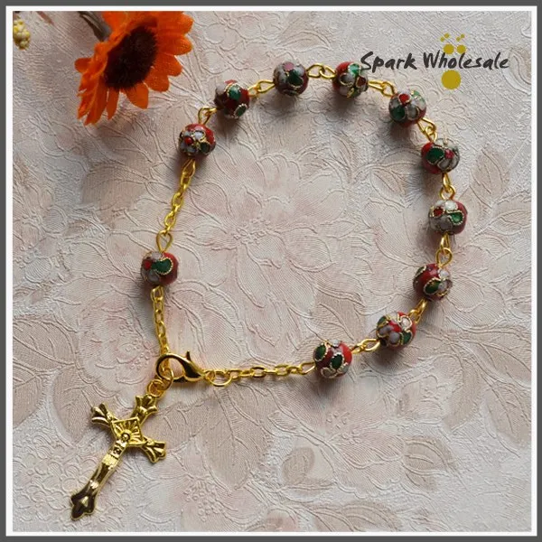12pcs/lot Christmas Gifts Wholesale 8mm Red Cloisonne Bracelet Catholic