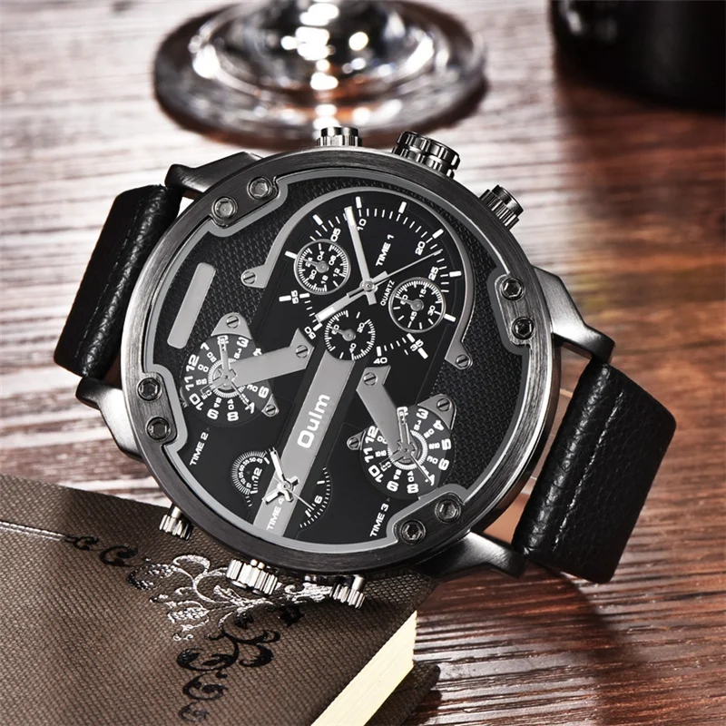 Oulm Big Watches for Men Multiple Time Zone Sport Quartz Clock Male Casual Leather Two Design Luxury Brand Men's Wriswatch