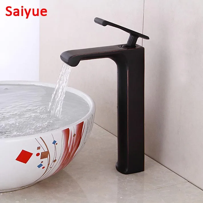 

High Black Waterfall Bathroom Faucet Sink Vessel Single Handle Basin Mixer Tap, ORB Oil Rubbed Bronze Lavatory Mixer Tall Body