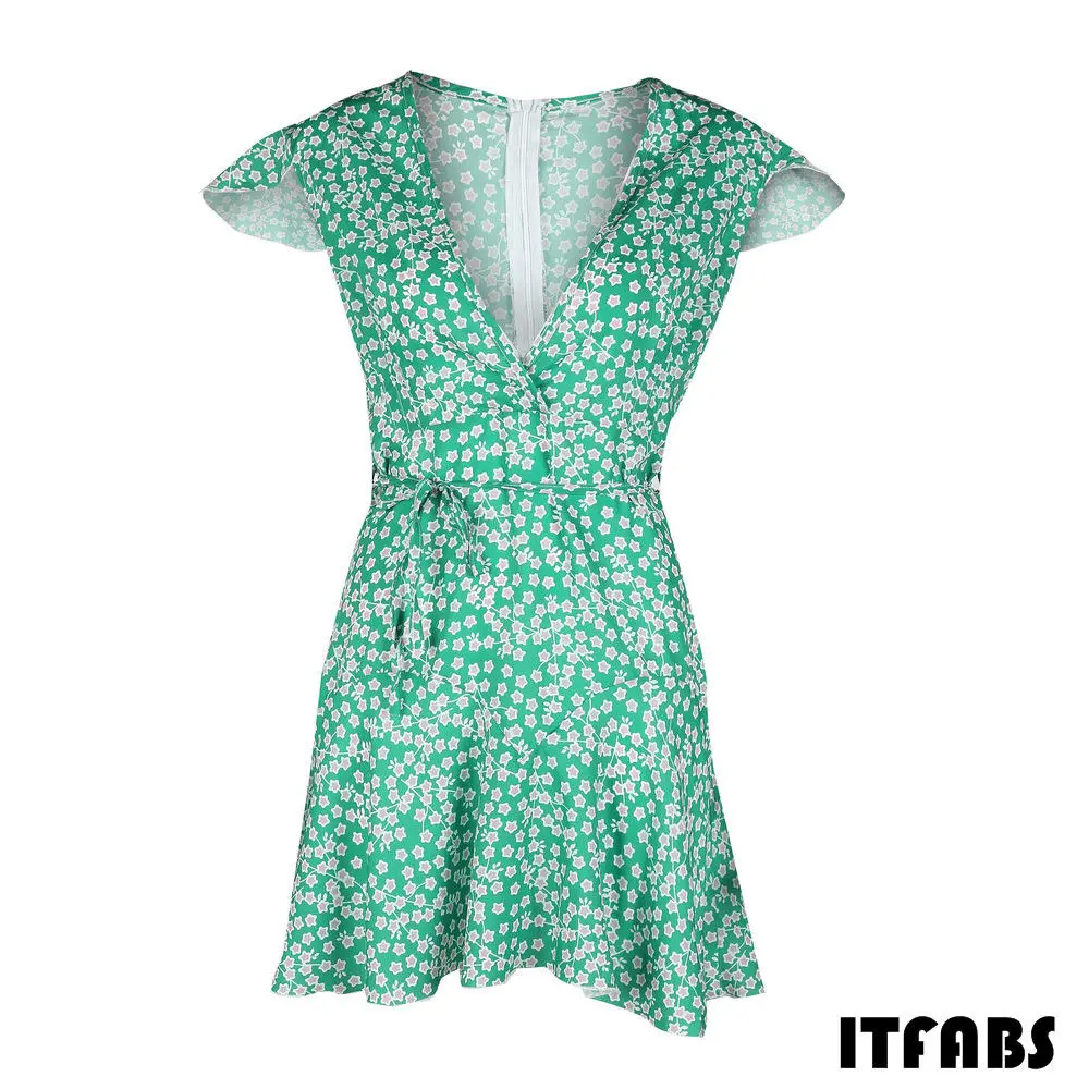 Женское летнее повседневное Короткое мини-платье в стиле бохо, летнее вечернее пляжное Цветочное платье с глубоким v-образным вырезом, Сарафан - Цвет: Зеленый
