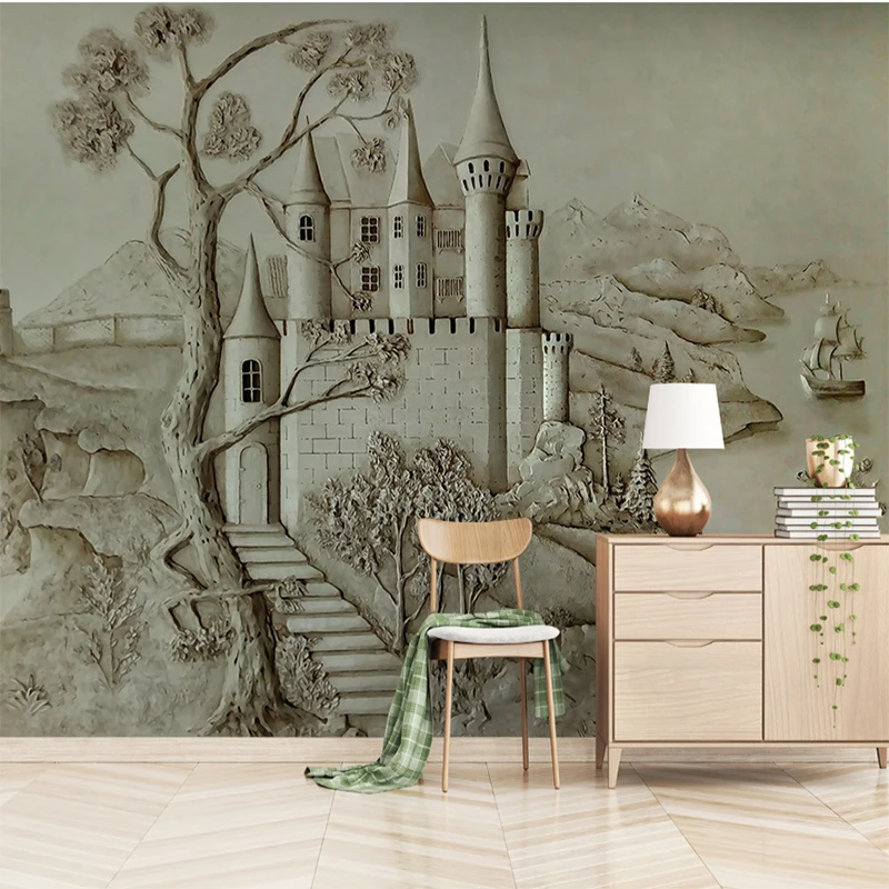 

Custom Any Size Mural European 3D Three-dimensional Relief Gold Ancient Castle 3D Wallpaper Living room Background Wall Covering