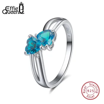 

Effie Queen Genuine 925 Sterling Silver Rings For Female Double Heart Blue AAA Zircon Wedding Women Jewelry Party Gift BR58-L
