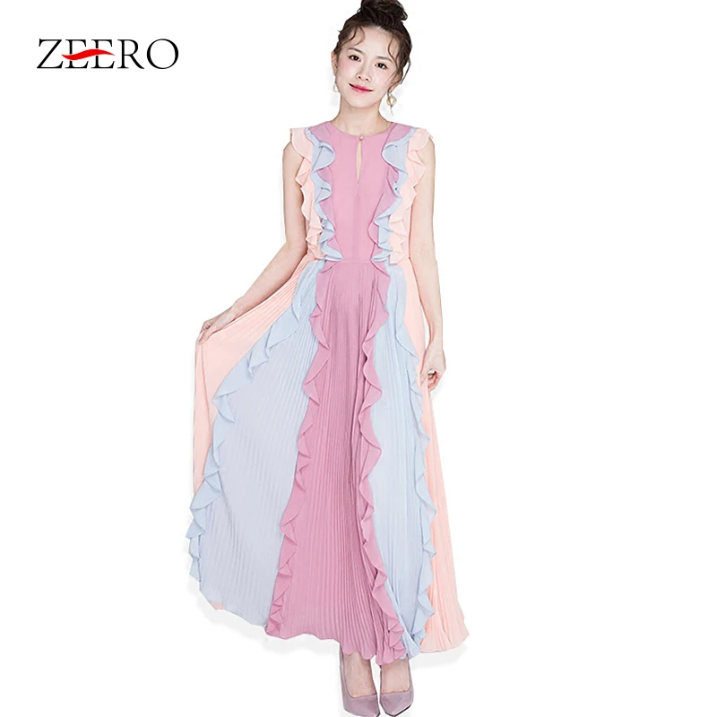 

High Quality Elegant Pleated Party Dress Women Sleeveless Elegant Patchwork Hit Color Runway Dress Women Maxi Long Dress Vestido