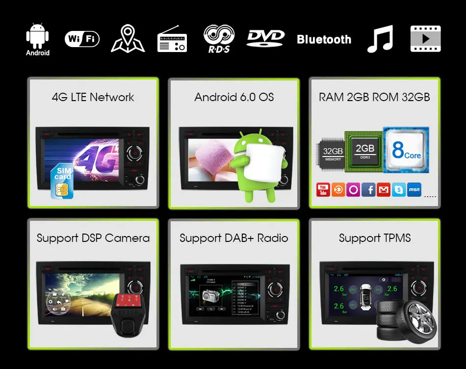 Clearance vehicel 2 din Android 6.0 Octa 8 Core car dvd player FOR Audi A4 2002-2008 gps navigation wifi 4G Bluetooth DVR RDS USB 2