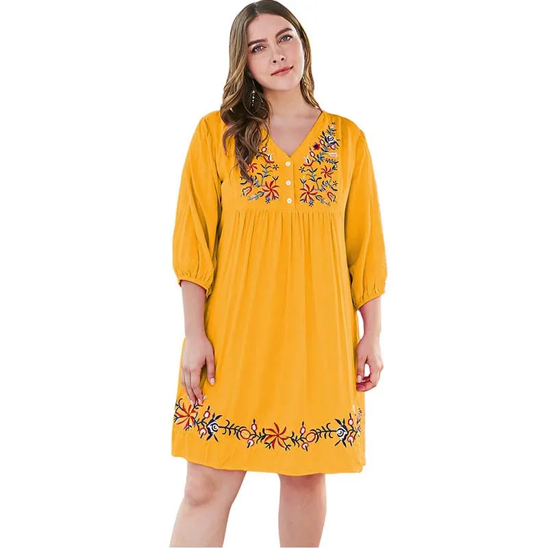 

WHZHM Plus Size 3XL 4XL Flower Embroidery Dress Women V-Neck Party Half Sleeve Beach Vestidos de fiesta de noche Dress Ladies