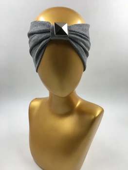 

J17440 Newest fashion good stretch 100% cotton big square rivet flap headband hair headwear solid head bands for women
