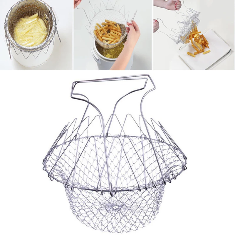 

304 Stainless Steel Foldable Steam Rinse Strain Fry Chef Mesh Washing Basket Strainer Net Kitchen drain basket Cooking Tool
