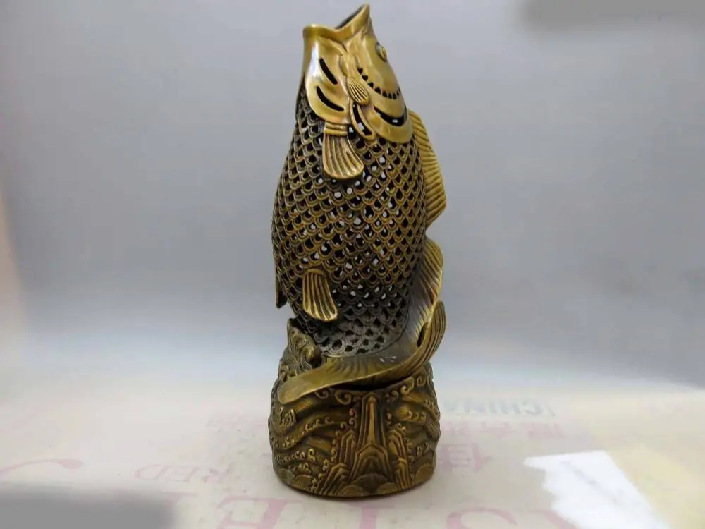 

11" China brass copper hollow out Fish Incense Burner censer Sculpture Statue