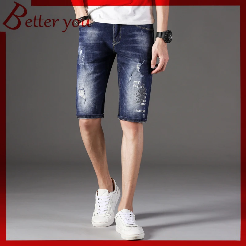 

Men's jeans 2019 Summer New Thin Elastic Short pants Blue Print Pierced Shorts Men Jeans streetwear