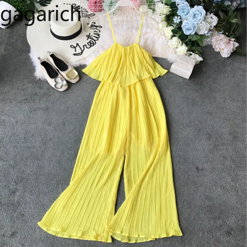

Gagarich Chiffon Rompers Women Jumpsuit 2019 Summer Sexy Ruffles Playsuits Wide Leg Pants Stretch Waist Ruffles Sleeveless Solid
