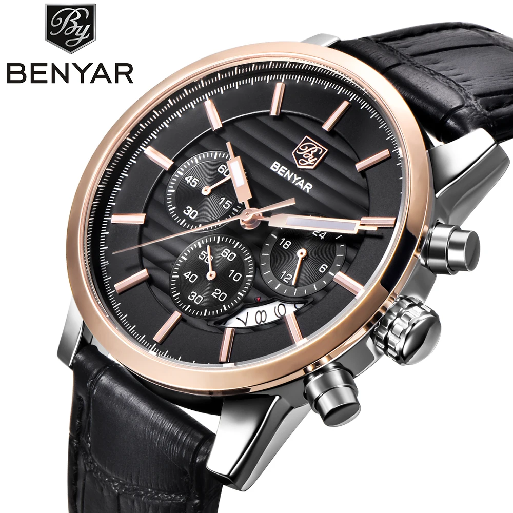 Men's Watches Top Brand BENYAR Calendar Function New Arrival Fashion Men Leather Quartz Watch Men Waterproof Relogio Masculino