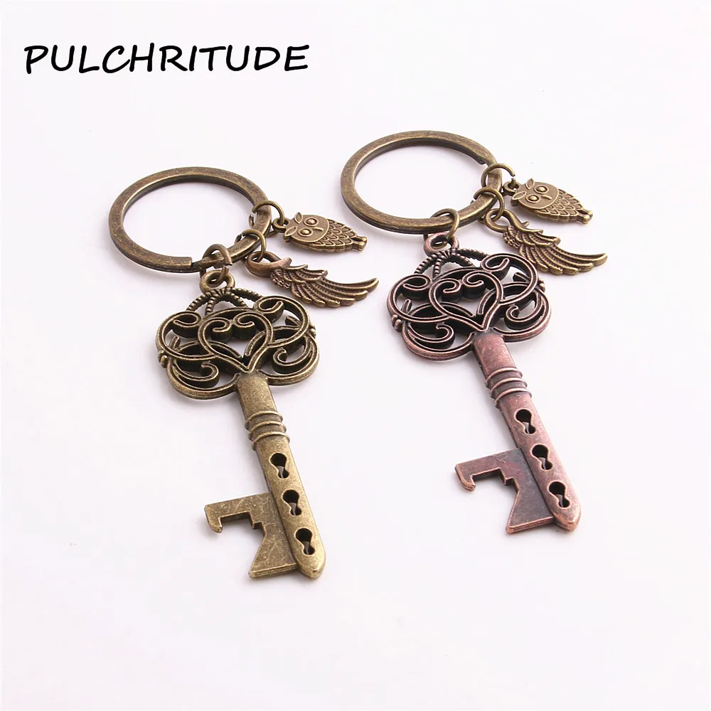

PULCHRITUDE Metal Alloy Two Colors 2pcs Diy Key Chain Heart Key Shape bottle opener Owl Wings Charm Diy Jewelry Making C1670