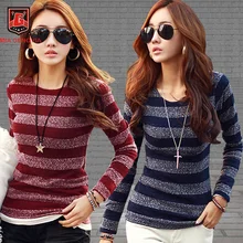 2017 New T-shirt Women Long Sleeve O-neck T Shirt Sweet Fashion Classic Stripe Print Cotton T-shirts Autumn Winter Tops