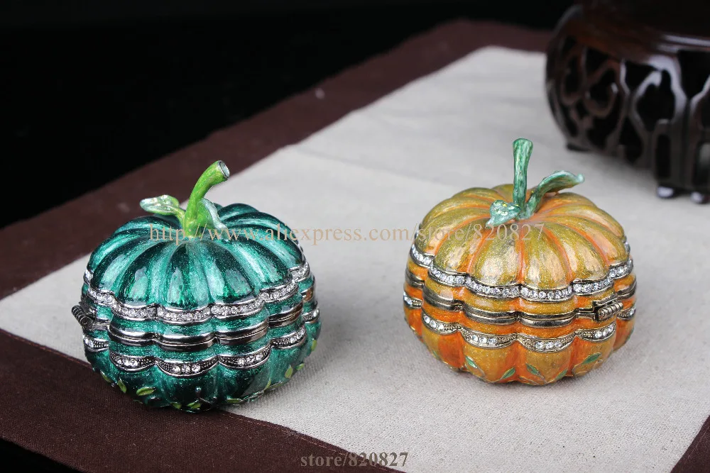 

Pumpkin Handmade Jeweled Metal Trinket Box Pumpkin Figurine Box