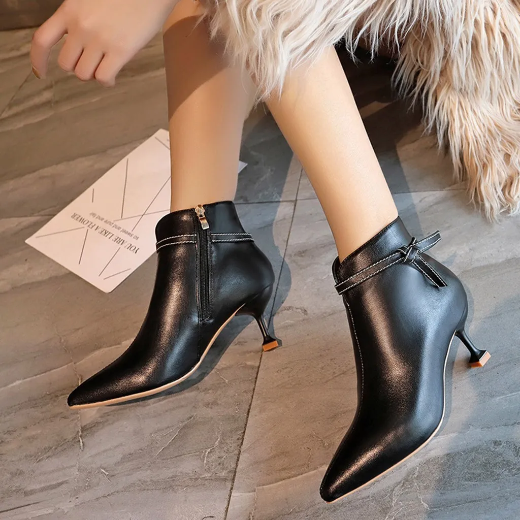 

New Arrivals Hot Sale Plus Size 35-40 Sewing Sexy Bow Thin High Heels Ankle Boots Woman Shoes Pointed Toe Zip Up Boots Female